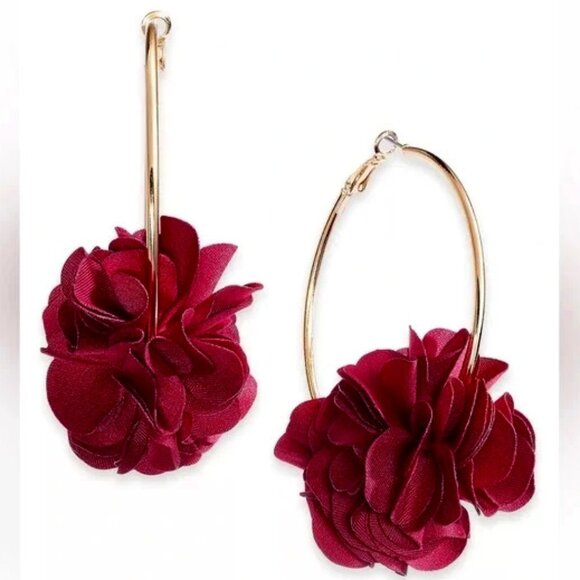 INC Glamorous Gold Burgundy Flower Statement Hoop Earrings**NEW! - Picture 5 of 6